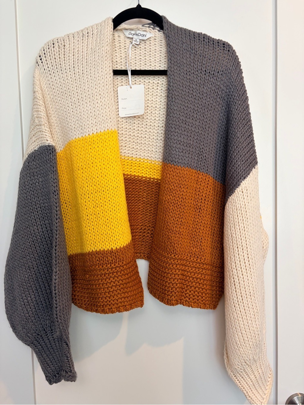 Colorblock Open-Front Knit Cardigan - Cream, Gray, Yellow, Brown NWT
